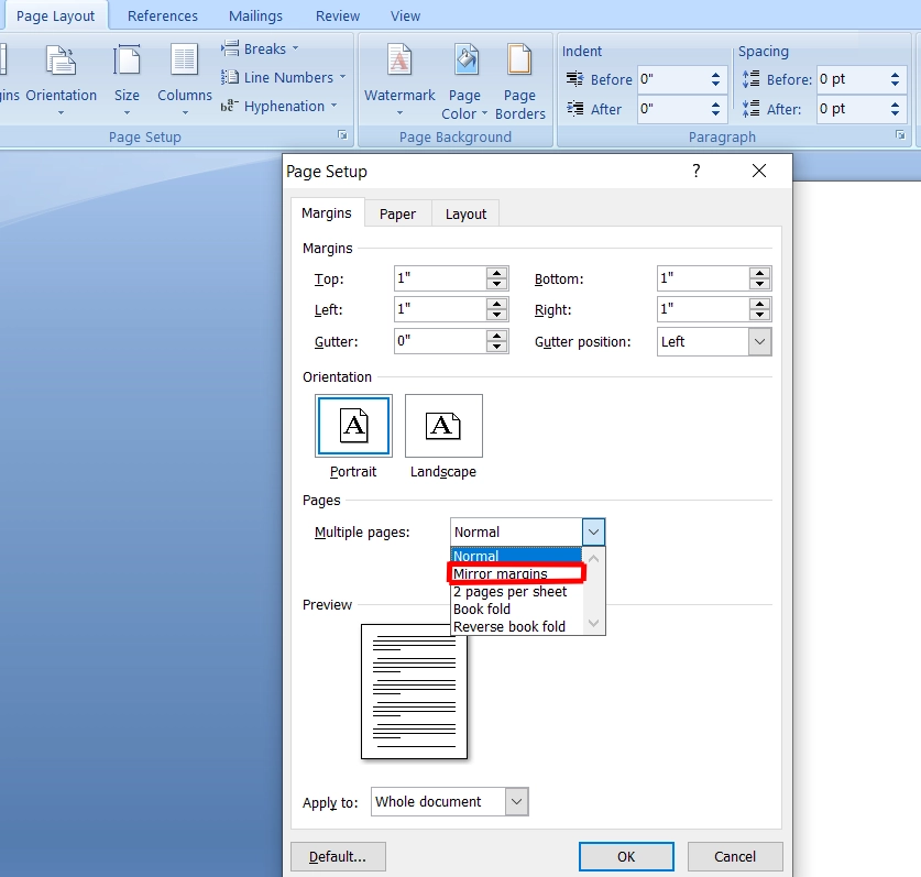 تنظیمات صفحات روبروی هم (Mirror Margins)