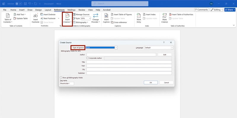 رفنس در ورد از طریق تب رفرنس