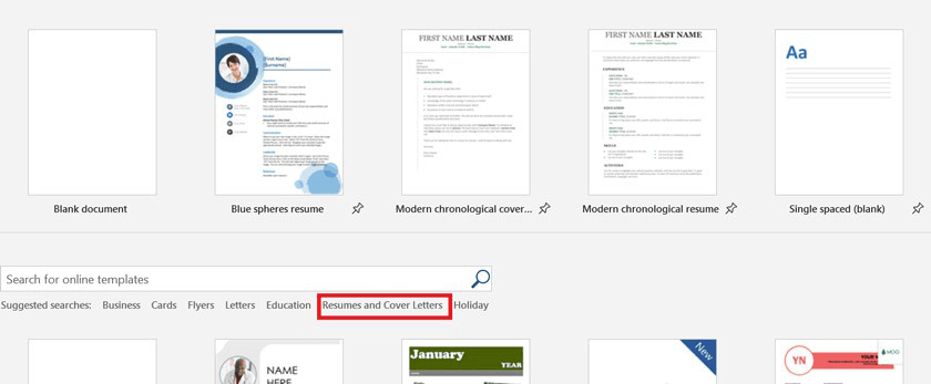 انتخاب قالب برای دسترسی به قالبهای رزومه در ورد