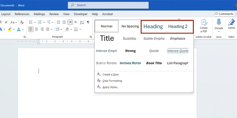 انواع هدینگ در ورد