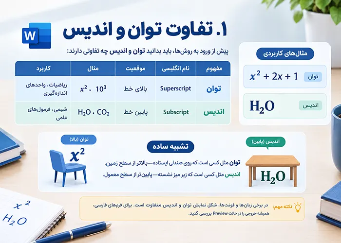 تفاوت توان (Superscript) و اندیس (Subscript)