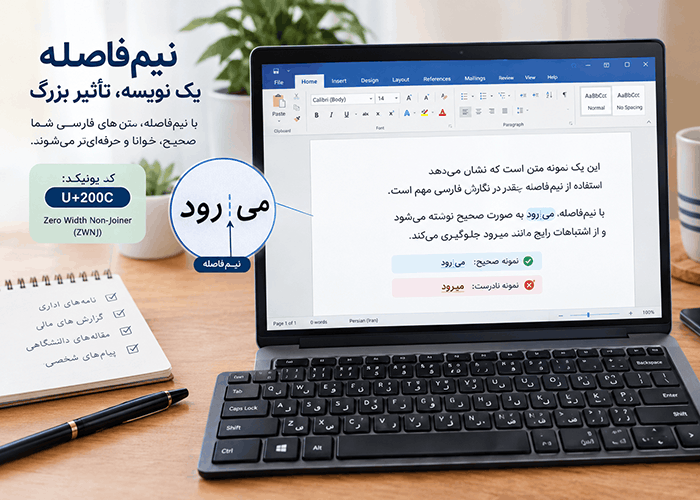 کلید نیم‌فاصله در کیبورد فارسی (ویندوز، اندروید، آیفون)
